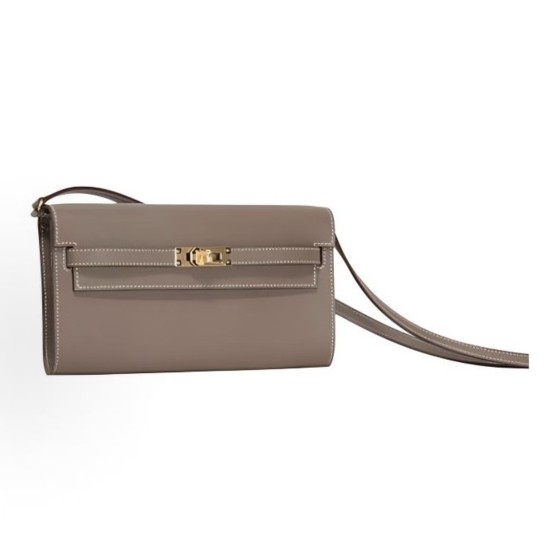 HERMES Kelly To Go gold buckle crossbody wallet for regular women, 18 Etoupe Elephant grey